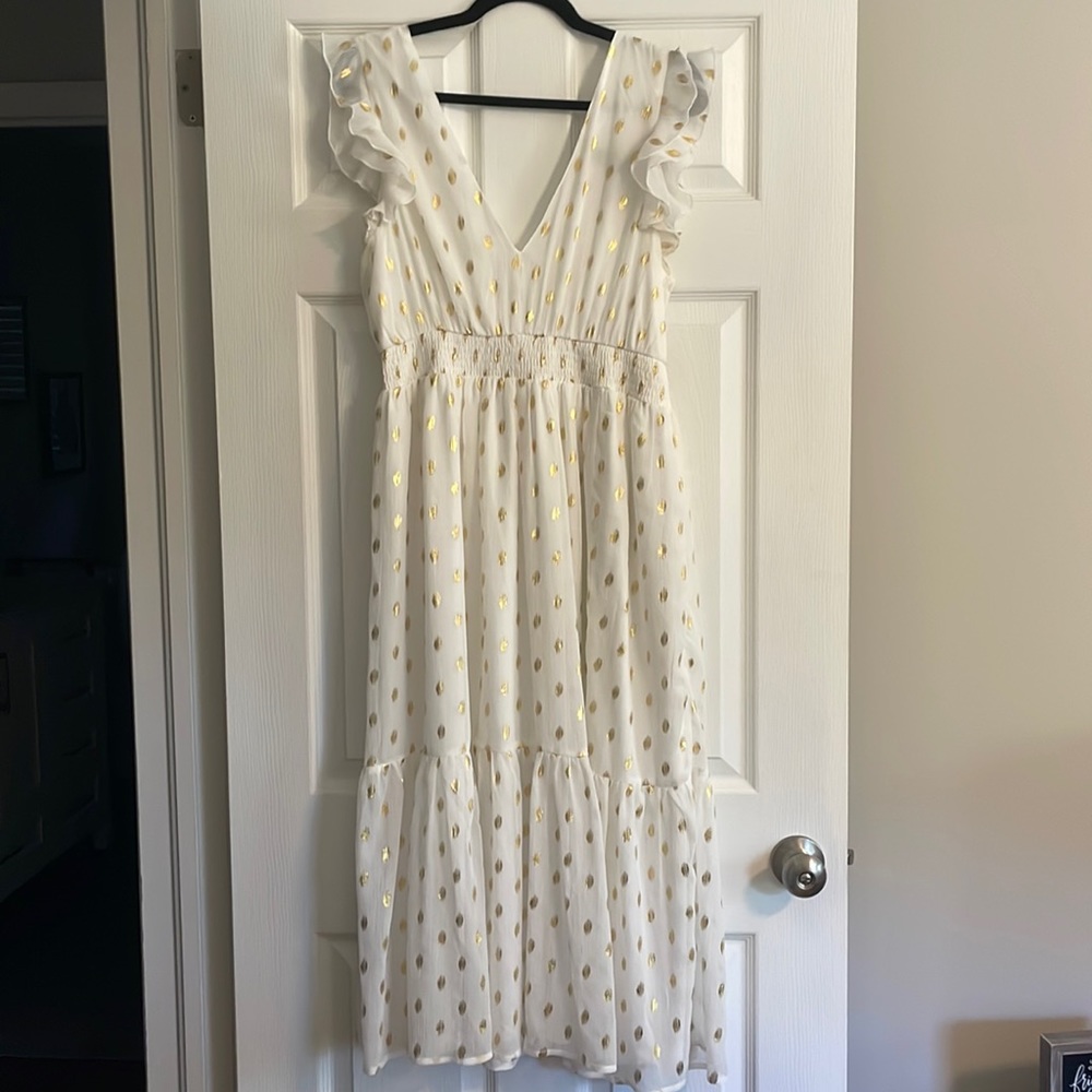 Lulu’s Cause to Celebrate White and Gold Dot Midi Dress/ Women’s Large